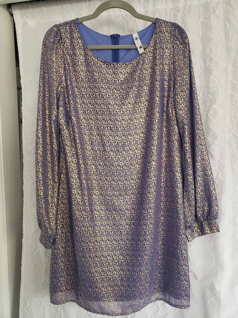 Metallic Blue & Gold Long Sleeve Shift Dress
